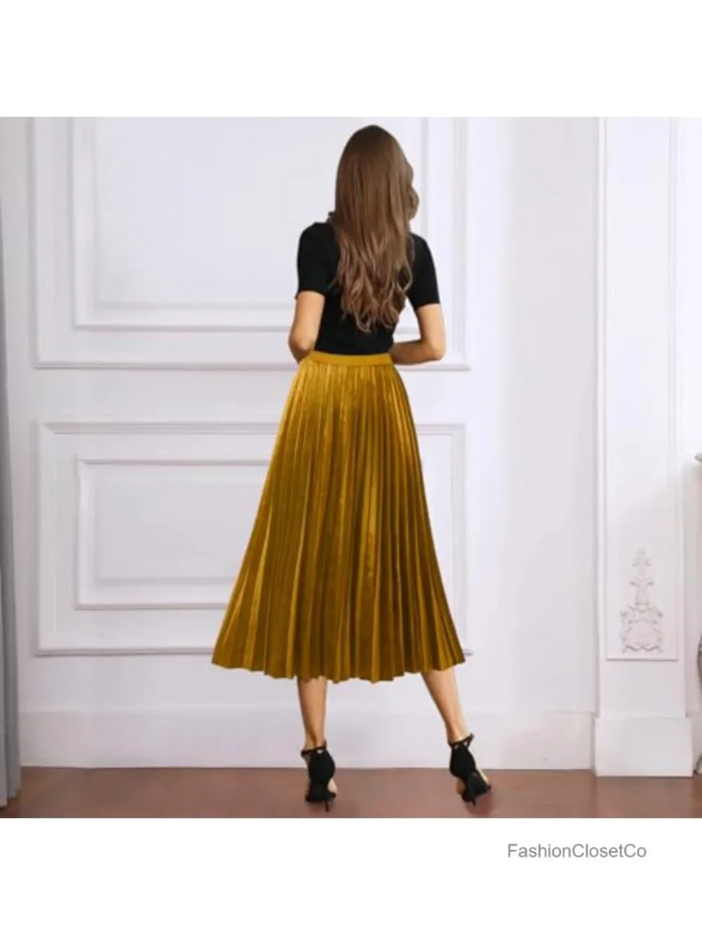 Flowy Velvet A-Line Midi Pleated Skirt High Waist